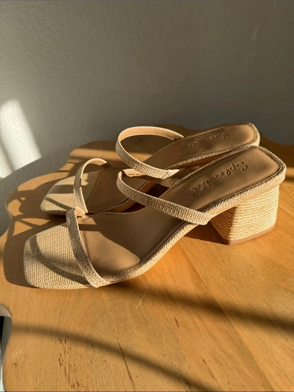 Neutral Beige Two-Strap Block Heel Sandals raffia type material.